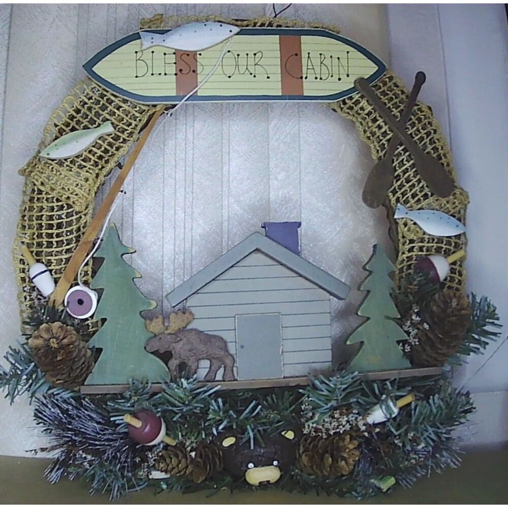 LTD Accents 12" Bless Our Cabin Wreath Wilderness Bear Moose Fishing Decor